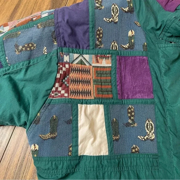 Izzi Vintage 80’s 90’s Western Cowboy Boots Patch Green Purple Jacket Size M - Picture 6 of 16